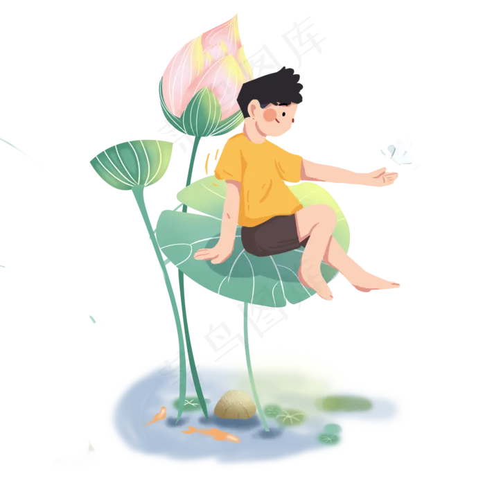 大暑小男孩坐在荷花上玩PNG(2000X2000(DPI:300))psd模版下载