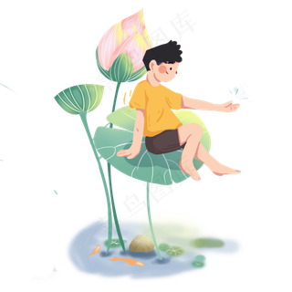 大暑小男孩坐在荷花上玩PNG