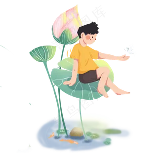 大暑小男孩坐在荷花上玩PNG