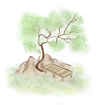 中国风水墨庭院树木,免抠元素