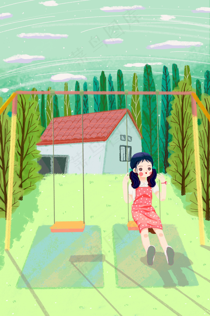 立夏荡秋千的女孩插画海报