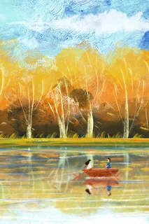 秋天游湖泛舟风景油画 秋天游湖泛舟风景油画