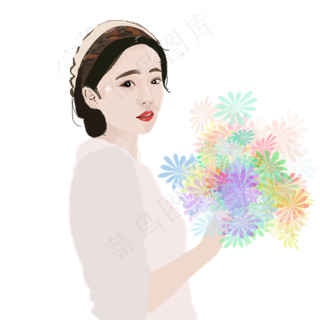 手绘捧着鲜花的女孩韩范唯美