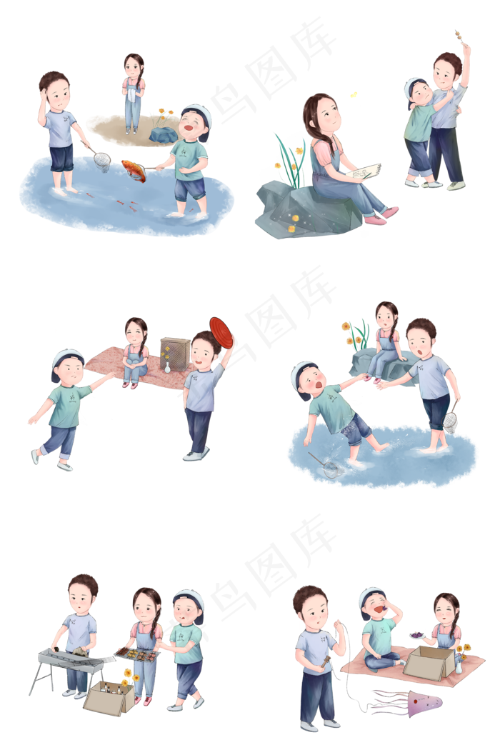 春天出游人物手绘多个野外郊游场
