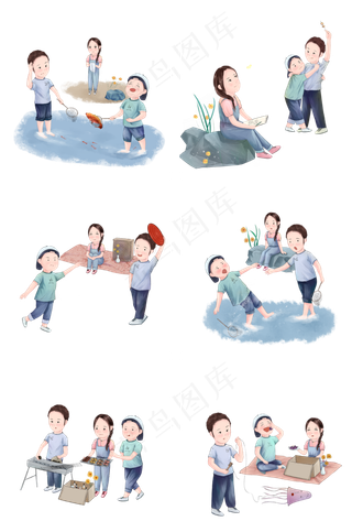 春天出游人物手绘多个野外郊游场