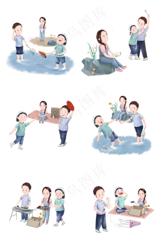 春天出游人物手绘多个野外郊游场