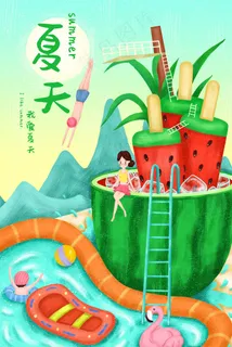 卡通手绘夏天在西瓜泳池旁跳水玩耍场景配图 卡通手绘夏天在西瓜泳池旁跳水玩耍场景配图