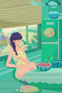 绿色夏季清新女孩乘凉日系