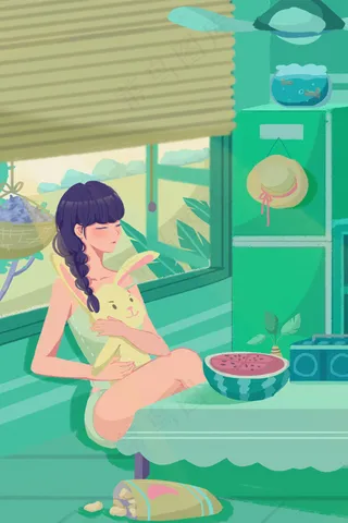 绿色夏季清新女孩乘凉日系