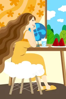 扁平风立夏夏天窗边女孩配图 扁平风立夏夏天窗边女孩配图