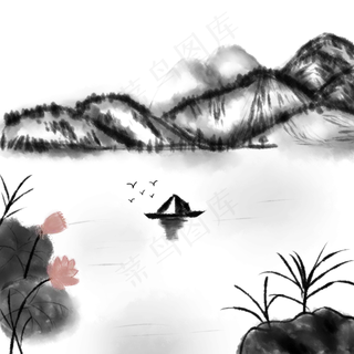春夏水墨风格山水荷花荷叶PNG