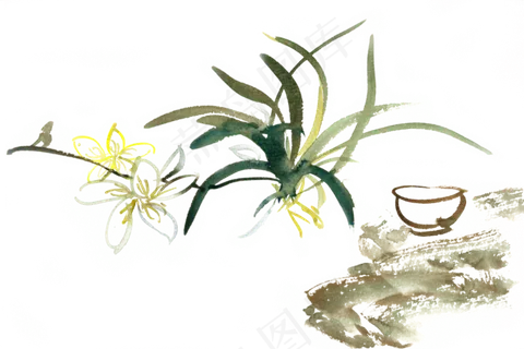 兰花与茶水彩画PNG免抠素材