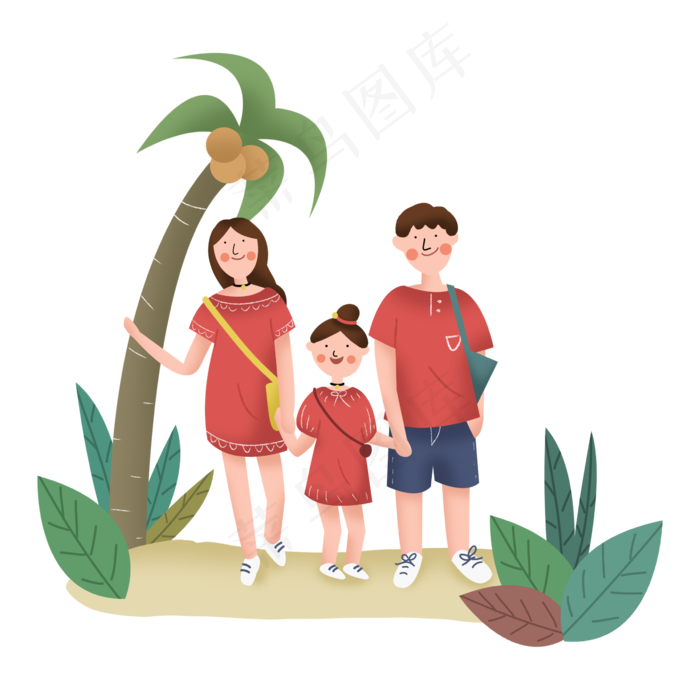 全家人一起旅行度假暑假旅游椰树