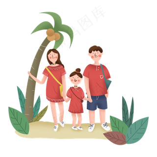 全家人一起旅行度假暑假旅游椰树