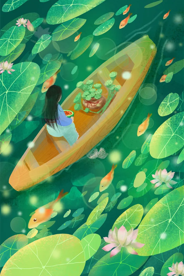 小暑节气绿色荷塘小舟