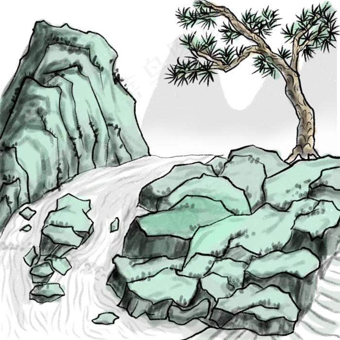 中国风山水画国画水墨青绿山水(2000X2000(DPI:300))psd模版下载