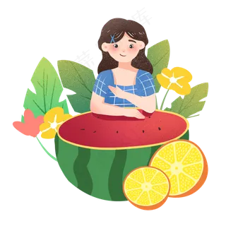夏至清新女孩与西瓜PNG