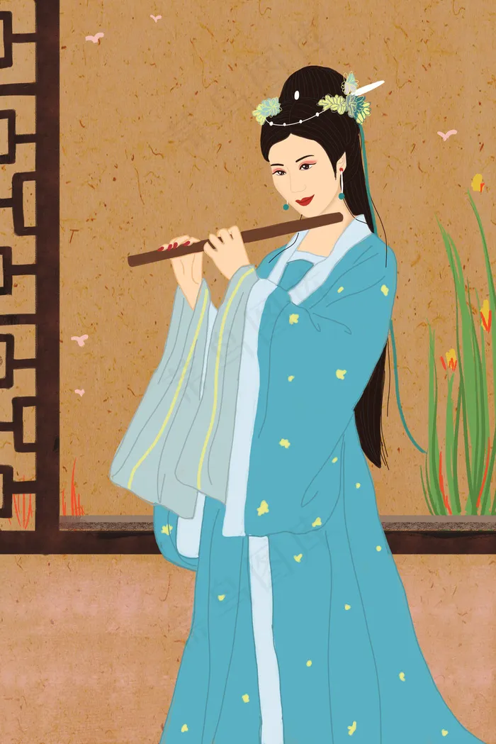 国潮中国风服饰之汉服古装女子蓝裙吹箫