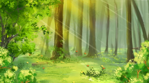 唯美治愈日系漫画风森林树木阳光清新绿色系
