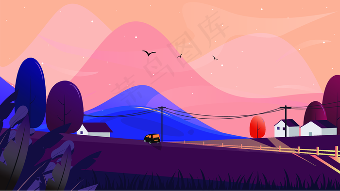 乡间小镇风景插画