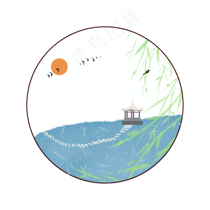 中国风夕阳古亭边框