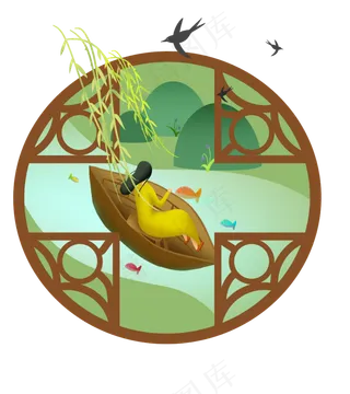 立春划船的小姑娘,免抠元素