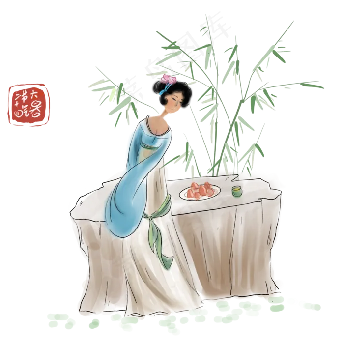 二十四节气大暑古代少女,免抠元素