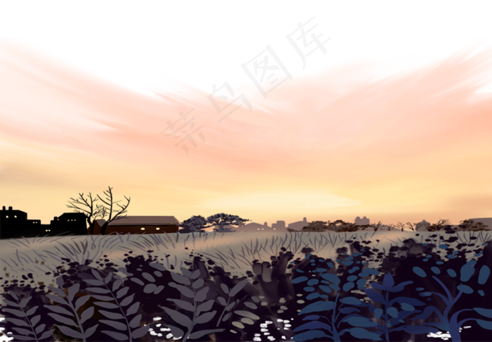 手绘卡通创意夕阳西下的村庄免扣