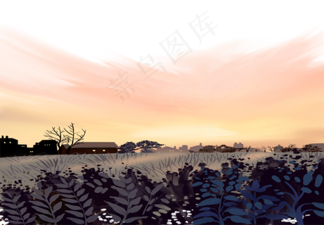手绘卡通创意夕阳西下的村庄免扣