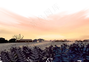 手绘卡通创意夕阳西下的村庄免扣