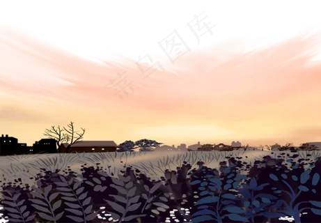手绘卡通创意夕阳西下的村庄免扣 手绘卡通创意夕阳西下的村庄免扣
