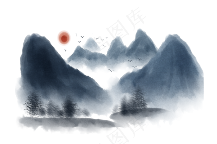 手绘水墨山水插画