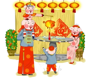 手绘厚涂猪年新春团圆吃饺子玩花,免抠元素