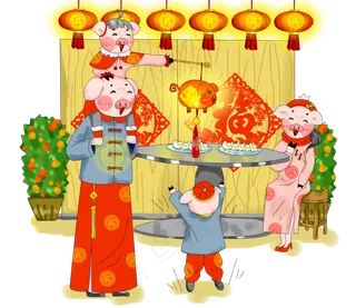 手绘厚涂猪年新春团圆吃饺子玩花,免抠元素