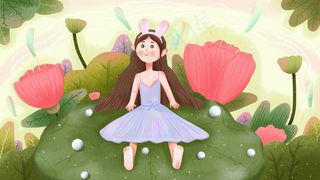 夏至荷花小清新风格小女孩