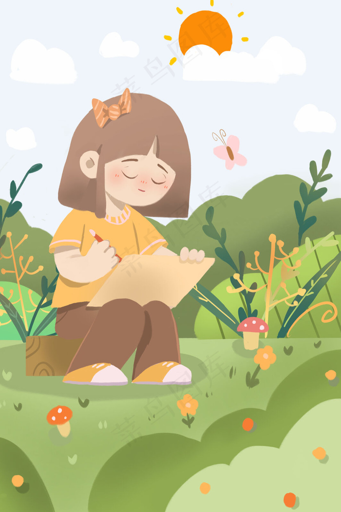 五一出游女孩认真画画卡通插画