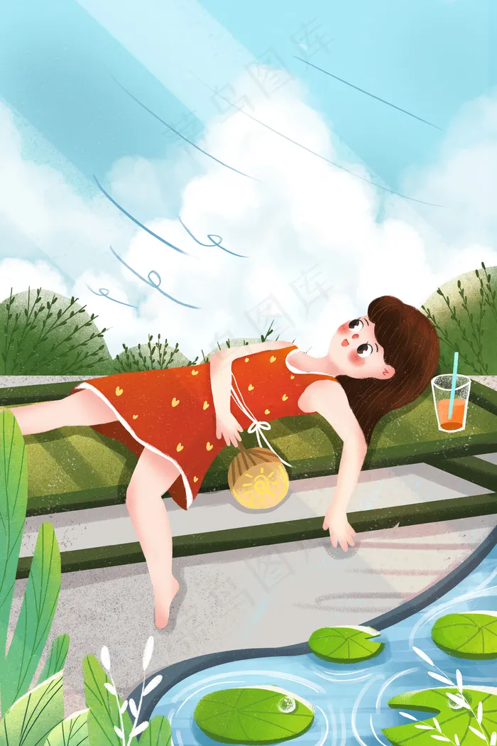 小清新夏天节气女孩躺椅喝果汁(3545*5315px 300 dpi )psd模版下载