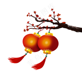 新年喜庆梅花灯笼手绘,免抠元素