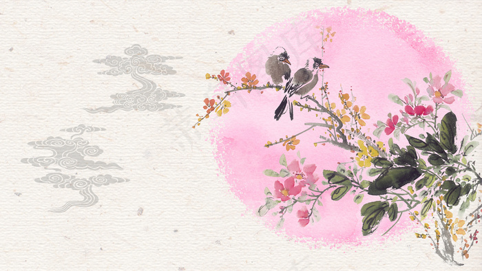 古风水彩手绘花鸟清新海报