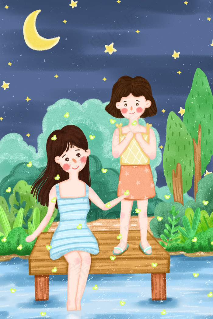 夏天卡通小清新月光下池塘边的萤火虫配图