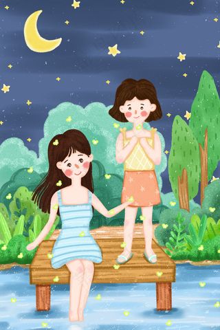 夏天卡通小清新月光下池塘边的萤火虫配图