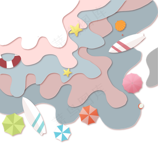 夏天多彩海滩卡通海浪剪纸