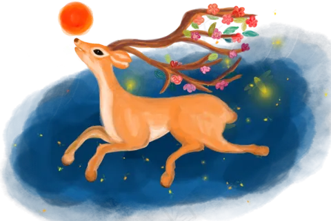 中国风水墨水彩梅花鹿手绘免抠高