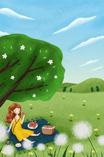 小暑吃西瓜看风景的女孩小清新插画