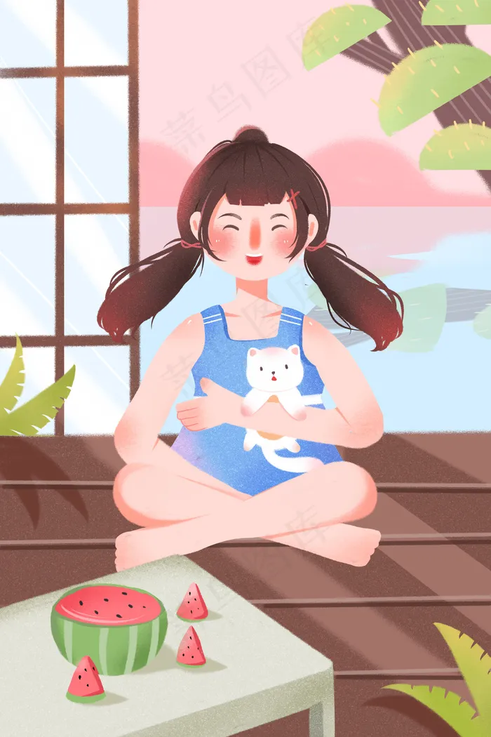你好夏至之双马尾吃瓜女孩(3545X5315(DPI:300))psd模版下载