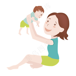 卡通手绘母亲陪宝宝玩耍