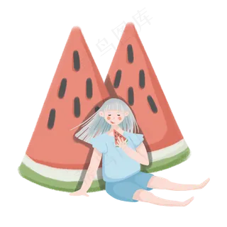 红色的西瓜和吃西瓜的女孩