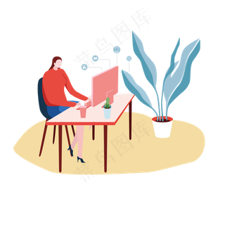 女人商务扁平化撞色夸张认真工作,免抠元素