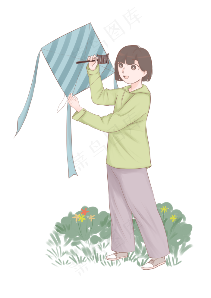 春分放风筝的小女孩,免抠元素