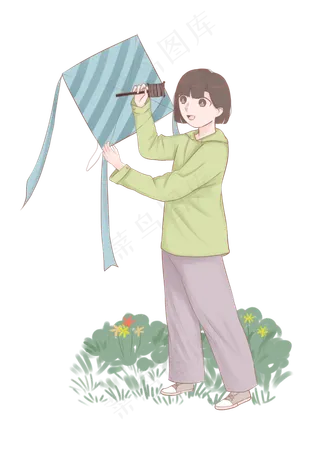 春分放风筝的小女孩,免抠元素